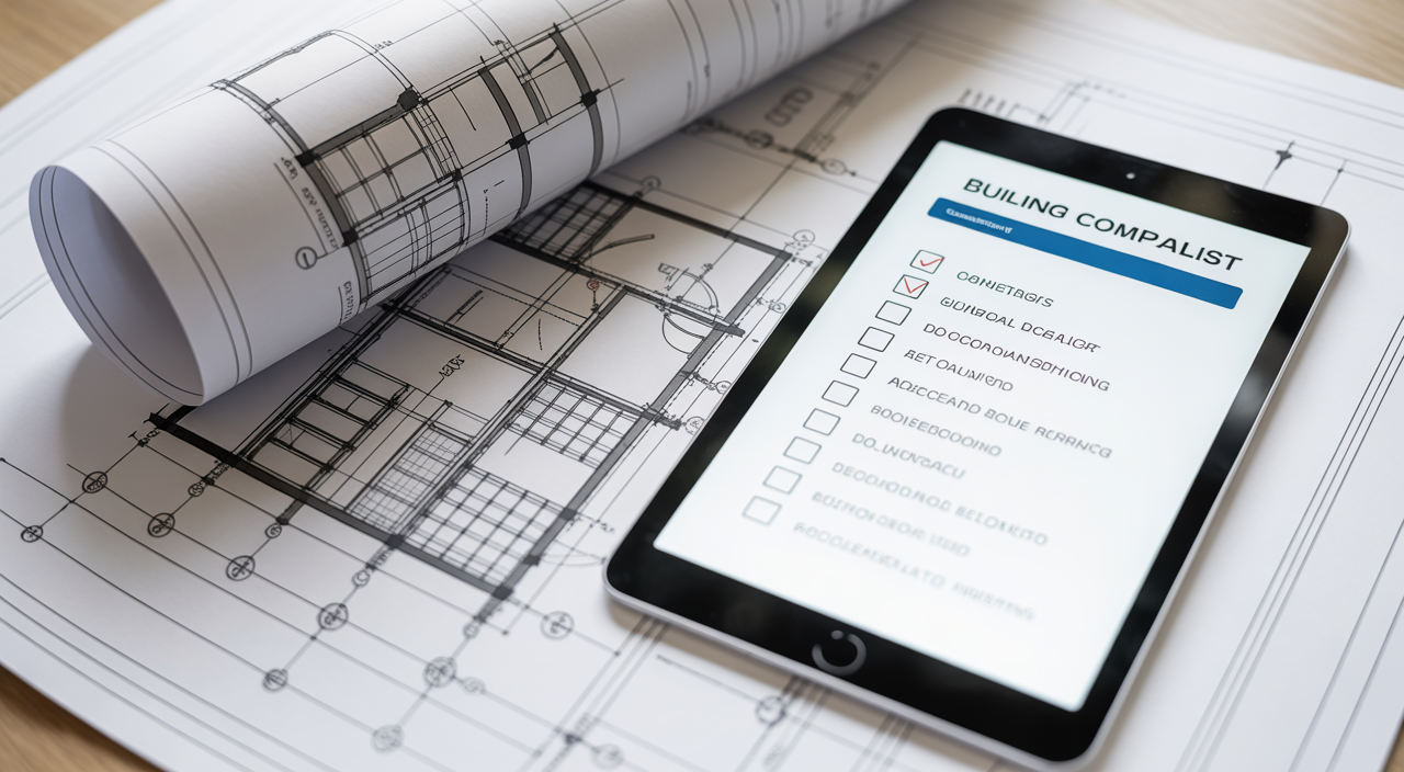 Illustration of a digital building regulation compliance checker being used to review architectural plans